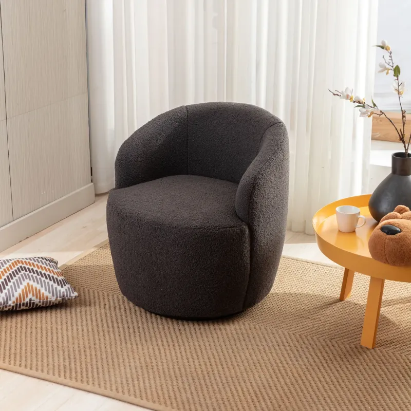 Dark Grey Teddy Fabric Swivel Accent Armchair with Black Metal Base