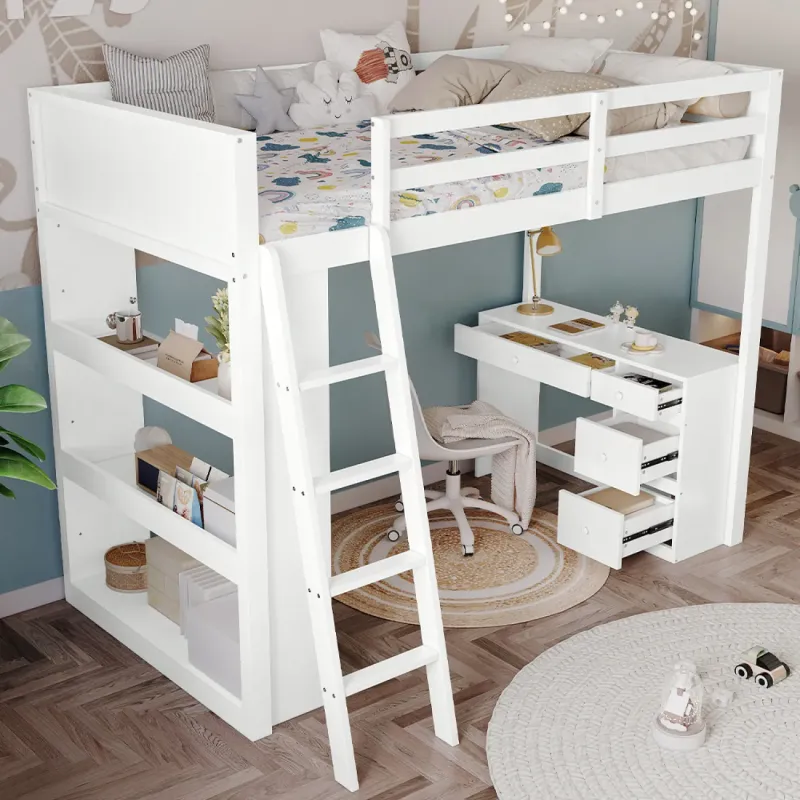 White Wooden High Sleeper Bed with Integrated Desk, 4-Drawer Chest and Shelving