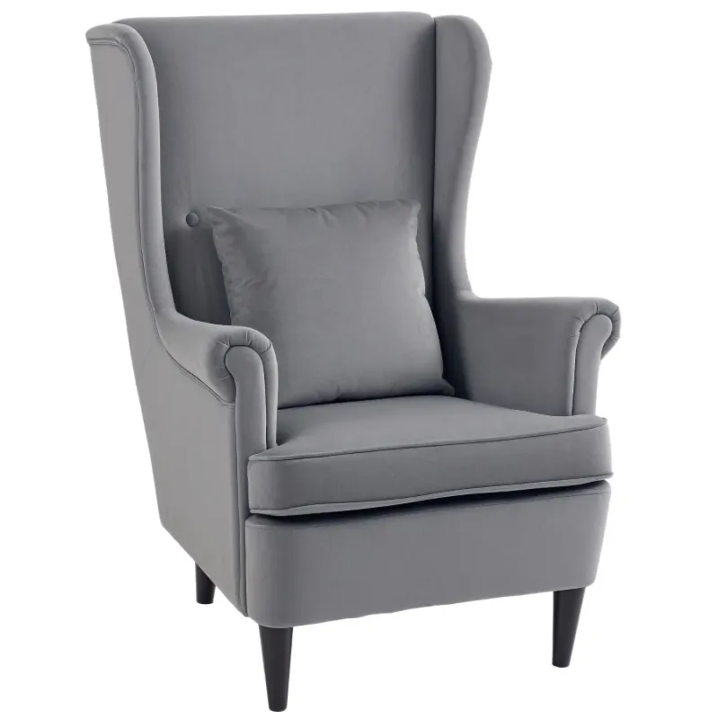 Modern Velvet-Feel Wingback Armchair with Lumbar Pillow - Dark Grey