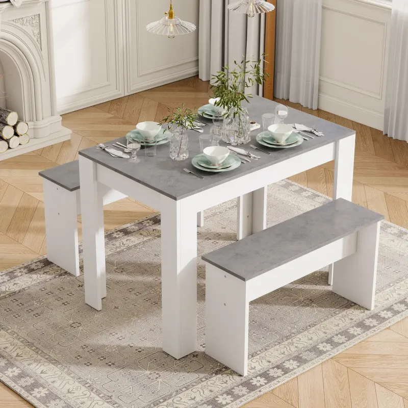 Marble Effect Dining Table and 2 Benches Set, Grey and White