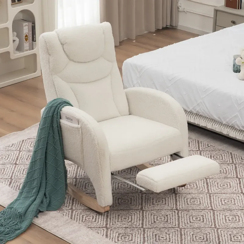 Teddy Fabric Rocking Chair with Integrated Footrest, White