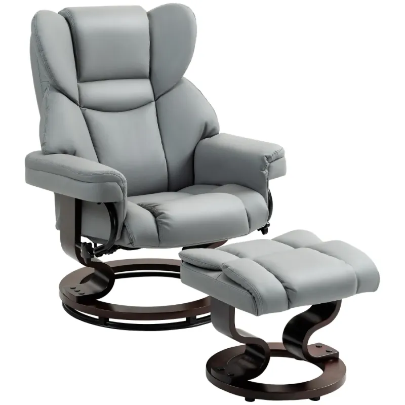 360° Swivel Manual Recliner Armchair with Matching Footstool - Light Grey Faux Leather