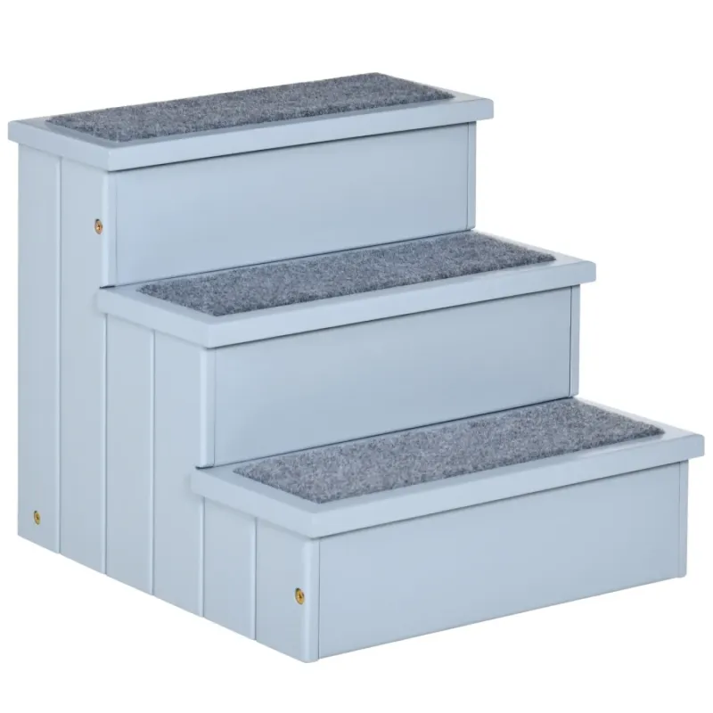 3 Step Wooden Dog Stairs with Hidden Storage - Grey