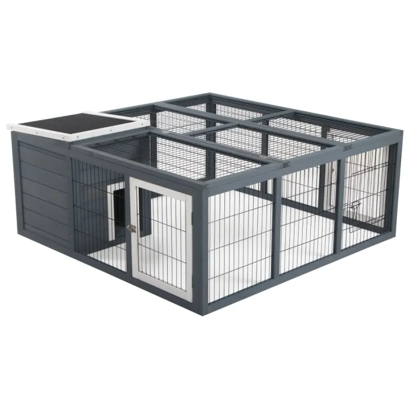 Outdoor Wooden Rabbit Hutch and Run with Openable Roof, Grey - 123 x 120cm