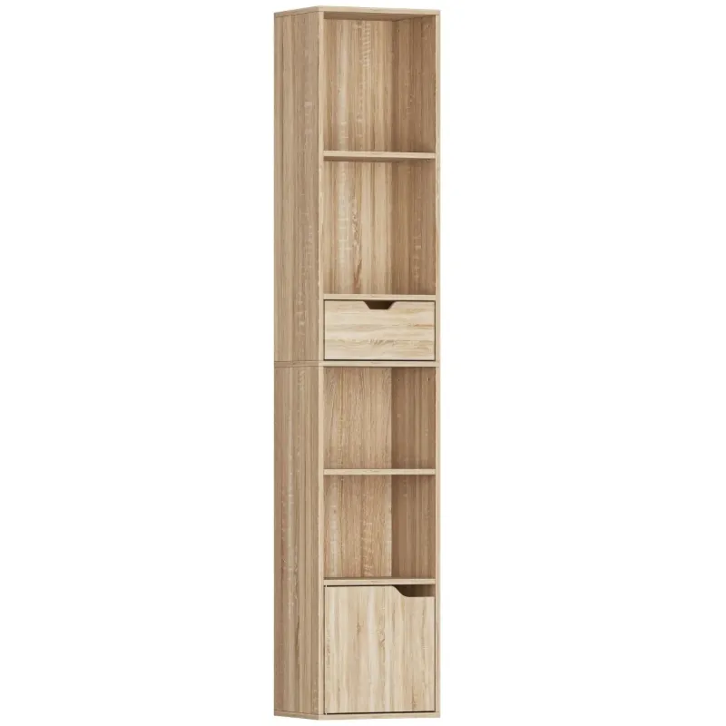  6-Tier Tall Narrow Bookcase with Drawer and Cupboard - Natural Wood Finish