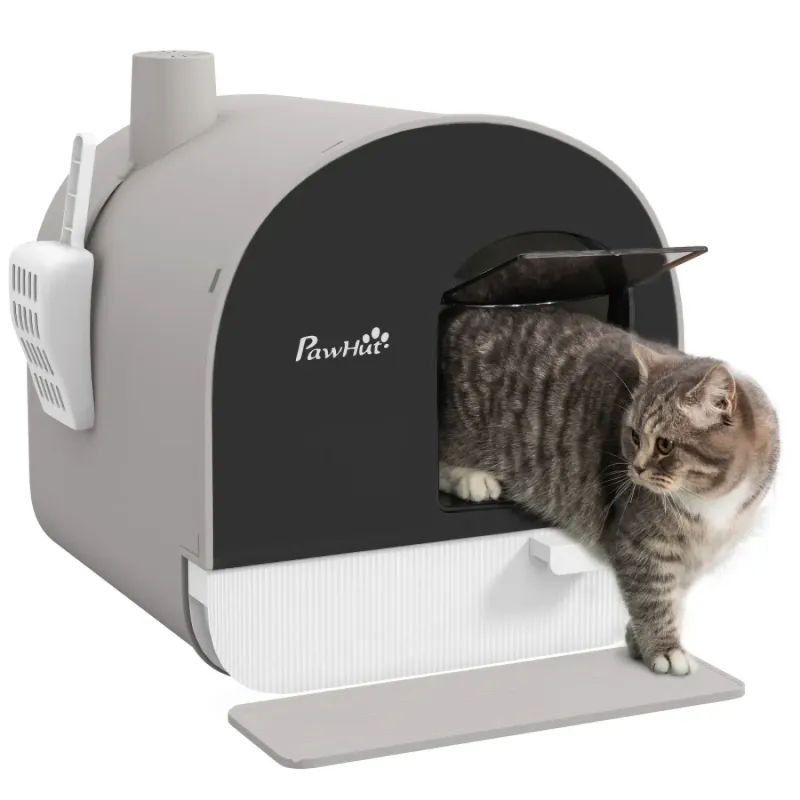 Hooded Cat Litter Box with Removable Tray and Scoop - Light Grey