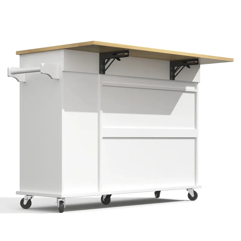 Kitchen Island with Drop Leaf and 3-Tier Pull-Out Cabinet - White