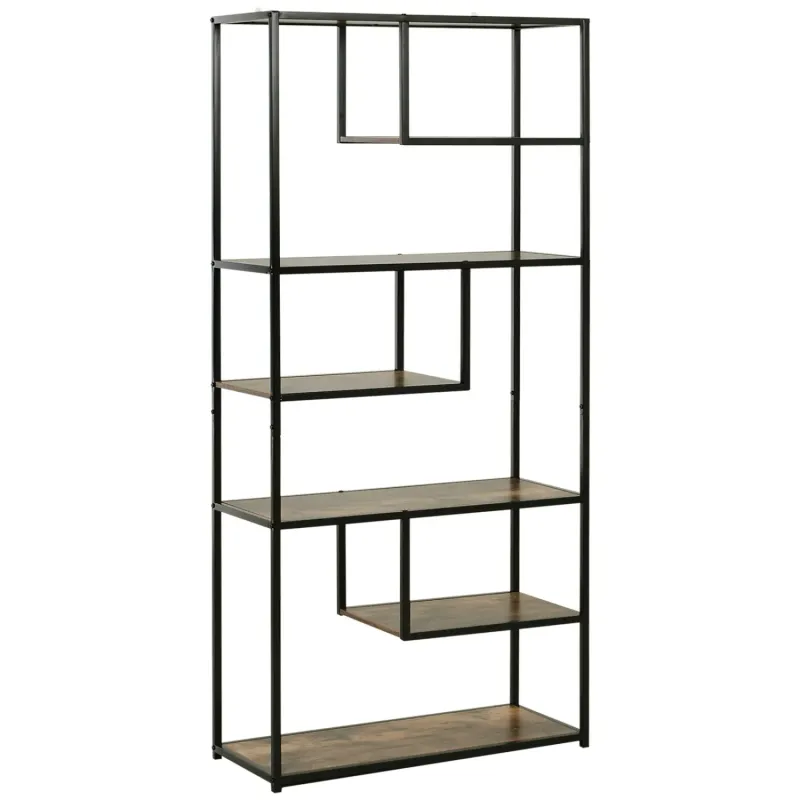 6 Tier Industrial Bookshelf in Rustic Brown and Black, 175cm