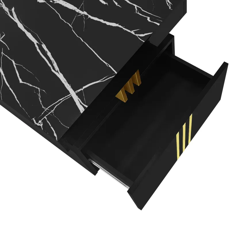 Black Rectangular Coffee Table with Marble Effect Top and 2 Drawers - 100cm