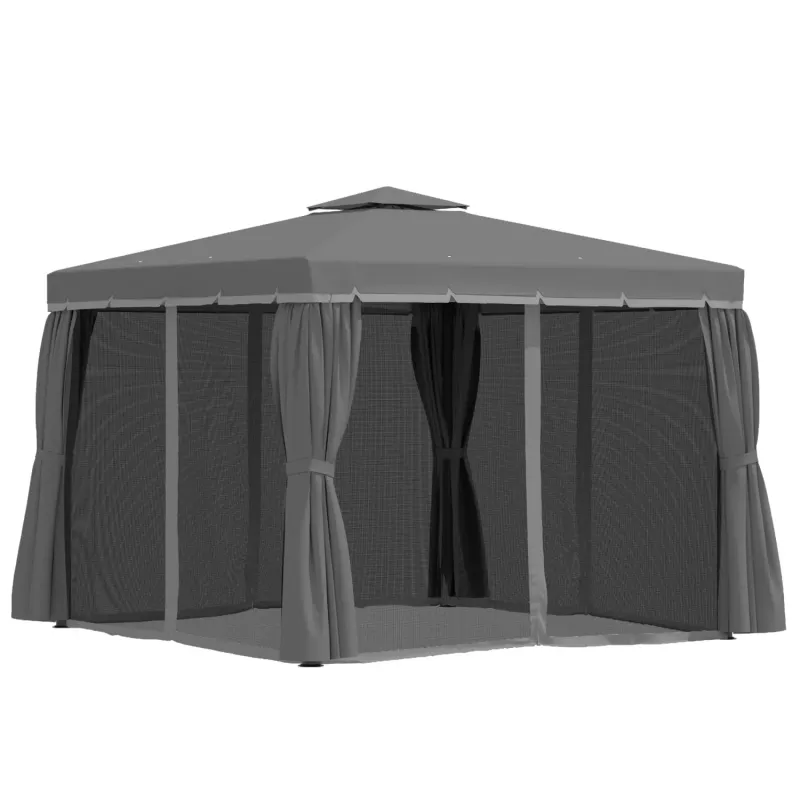  3m x 3m Garden Gazebo Pavilion with Mosquito Netting and Curtains - Dark Grey