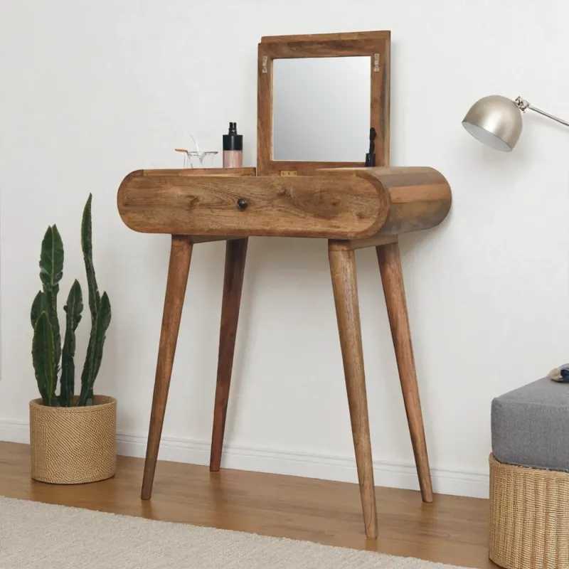 Solid Mango Wood Mini Round Dressing Table with Mirror and Storage