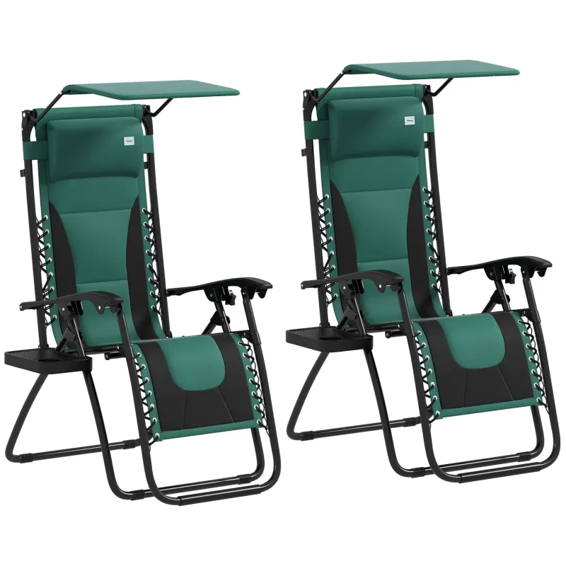 Zero Gravity Lounger Chair Set of 2 with Canopy and Side Tray, Green