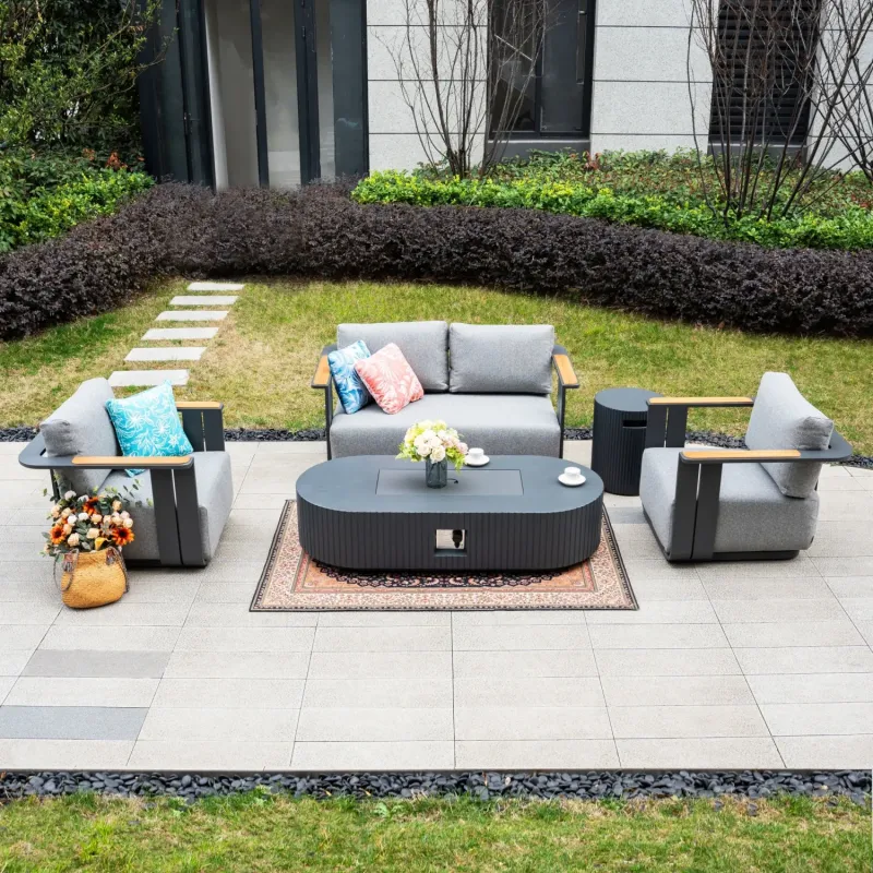 Varel 4-Piece Aluminium Garden Sofa Set with Lyrin Gas Fire Pit Table