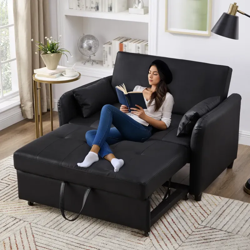 PU Leather Sofa Bed, 2-Seater, with Pull-Out Function and Adjustable Backrest