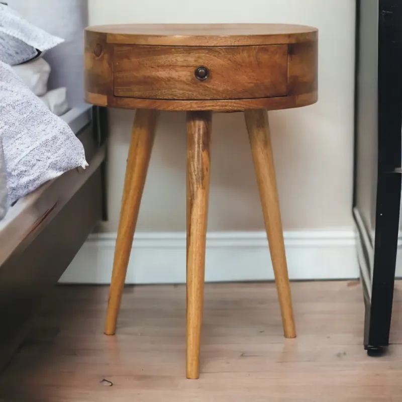 Mini Circular Solid Mango Wood Bedside Table with 1 Drawer, Oak-ish Finish