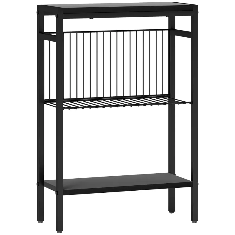 Wood Effect & Steel Side Table, 62.5 x 43 cm, in Black, with 3-Tier Storage