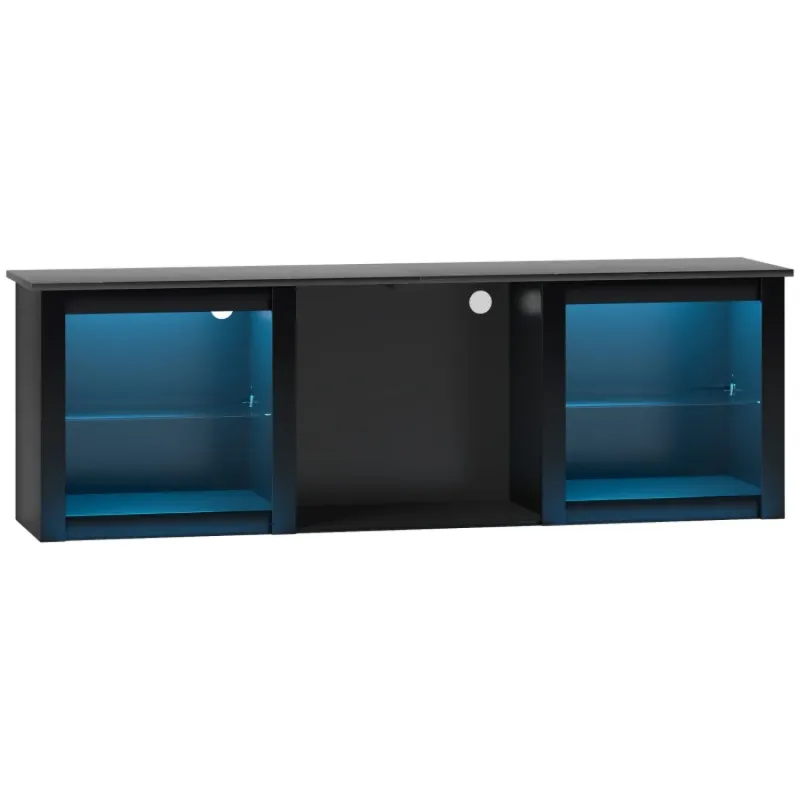 Marble-Effect TV Unit, 160cm, in Black, with LED Lights and Storage