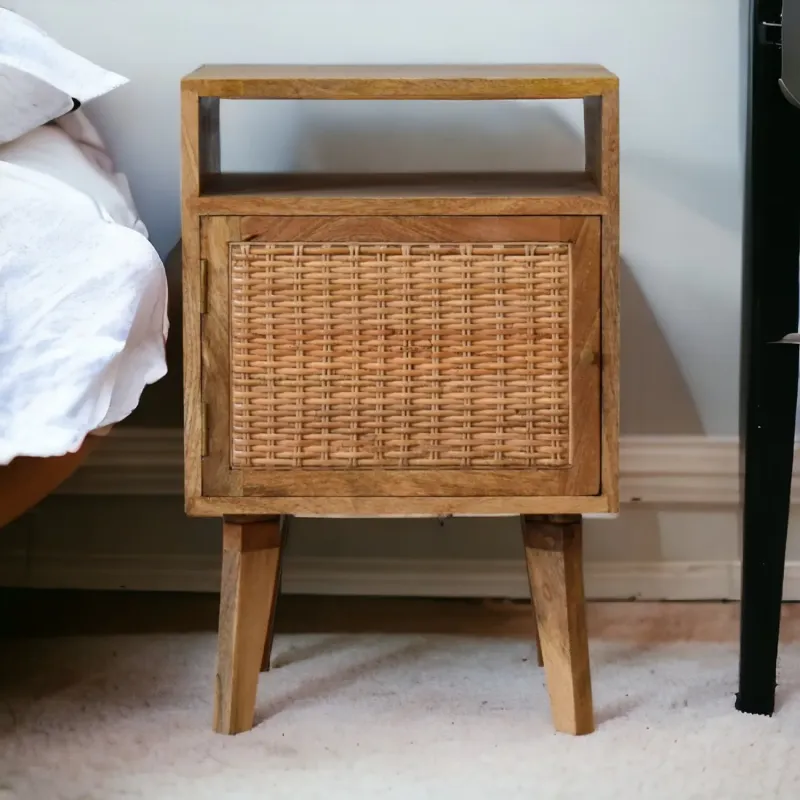 Solid Wood Bedside Table with Mustard Knitted Door and Open Storage Slot