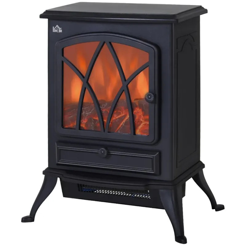 2000W Freestanding Electric Stove Heater with Realistic Flame Effect - Black