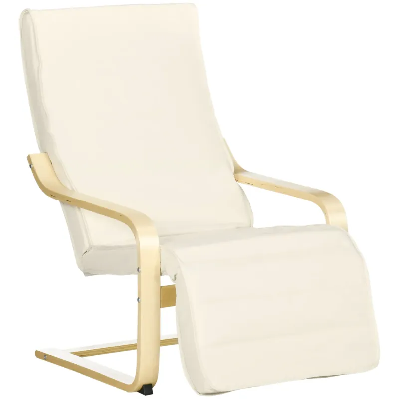 Wooden Recliner Chair, in Cream White, with Adjustable Footrest and Padded Cushion