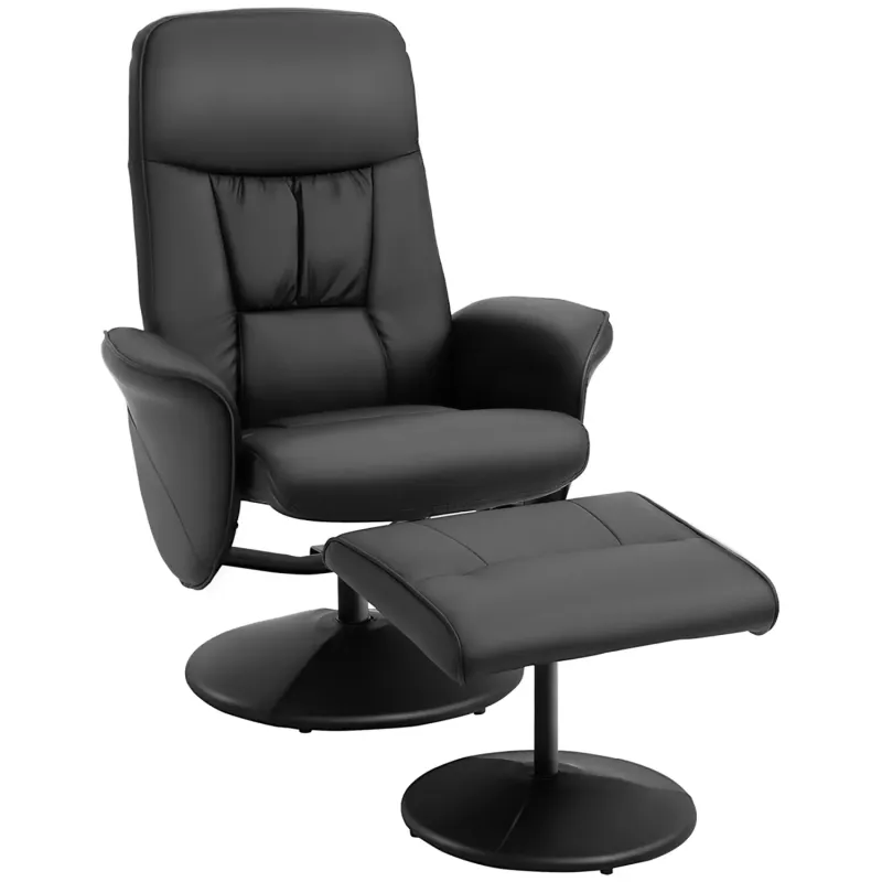 PU Leather Swivel Recliner Chair with Footstool, in Black, with 145° Recline