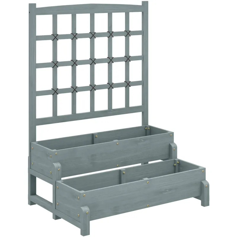 2-Tier Wooden Raised Garden Bed with Trellis - Grey