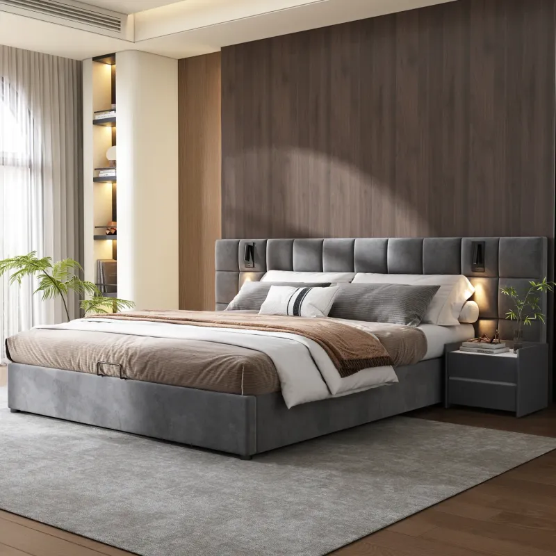 King Size Ottoman Storage Bed with Reading Light and USB Charging - Grey Velvet