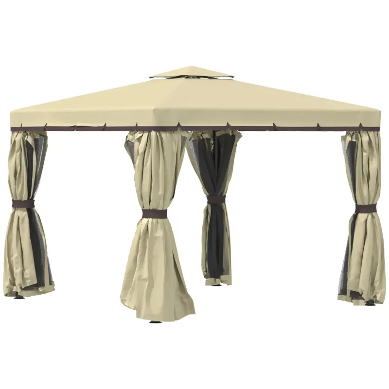  3m x 3m Aluminium Garden Gazebo with 2-Tier Roof, Curtains and Netting - Beige