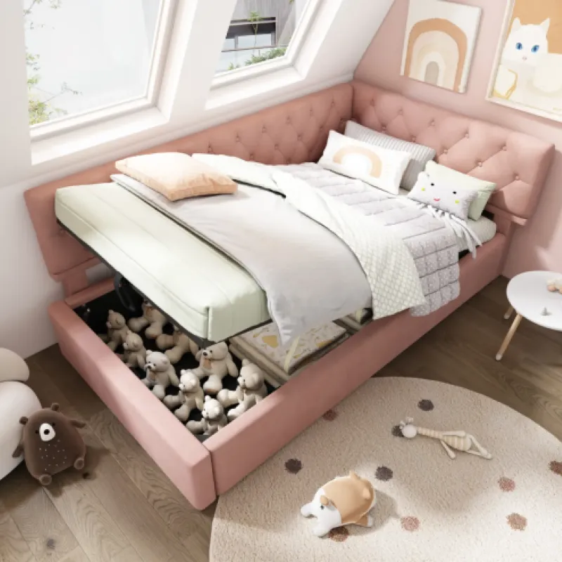 Velvet Daybed, Single, in Pink, with Hydraulic Storage