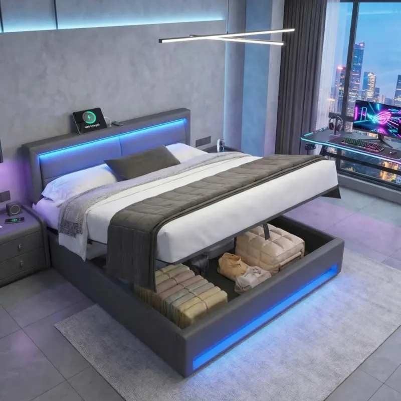 Grey PU Leather Upholstered Double Bed with Wireless Charging and LED Lighting