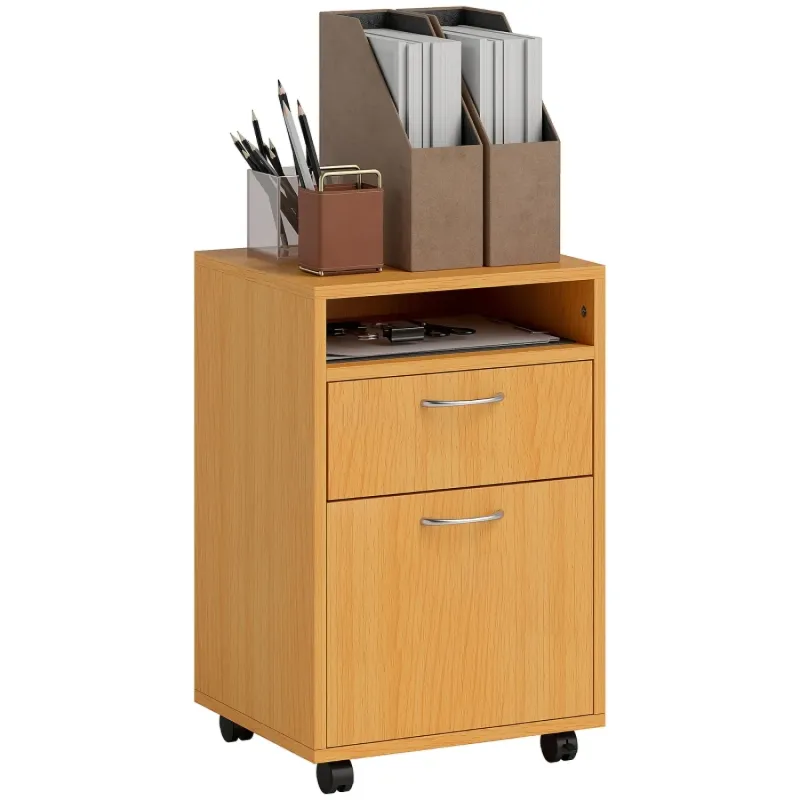 Mobile Filing Cabinet with Drawer and Shelf, Natural Wood Finish