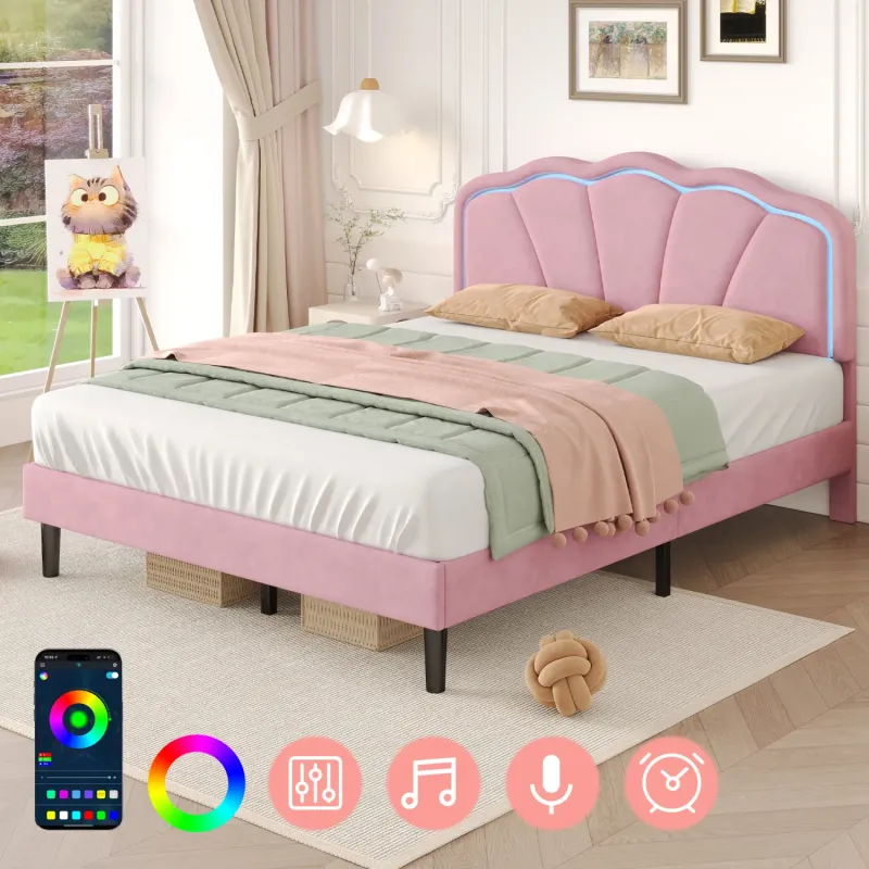 Pink Velvet Double Upholstered Bed Frame with LED Shell Headboard