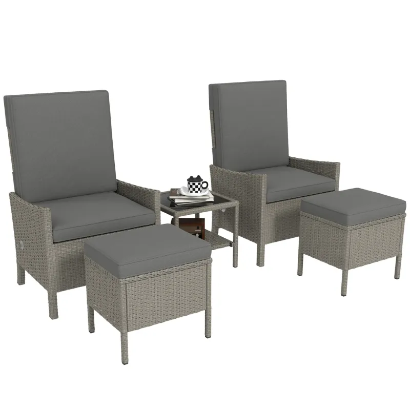  5-Piece Reclining Rattan Garden Furniture Set with 2 Armchairs, Footstools & Two-Tier Coffee Table - Dark Grey