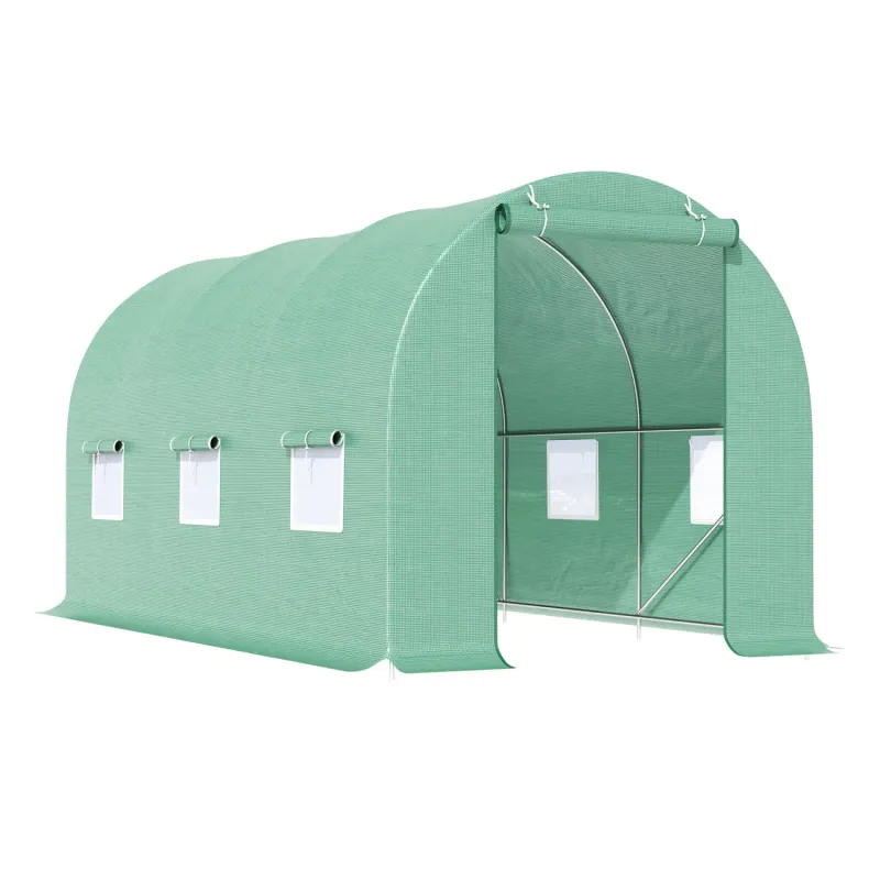 4.45m x 1.9m Walk-in Polytunnel Greenhouse with Ventilation Windows - Green
