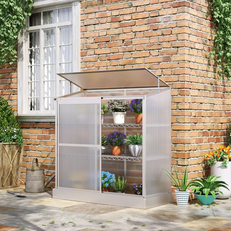  3-Tier Aluminium Lean-To Greenhouse with Polycarbonate Panels and Sliding Door - 131 x 58 x 140 cm