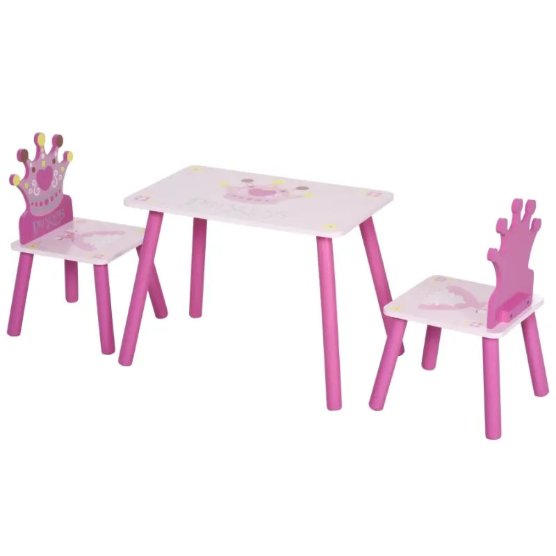Princess & Crown 3-Piece Kids Table and Chair Set - Pink