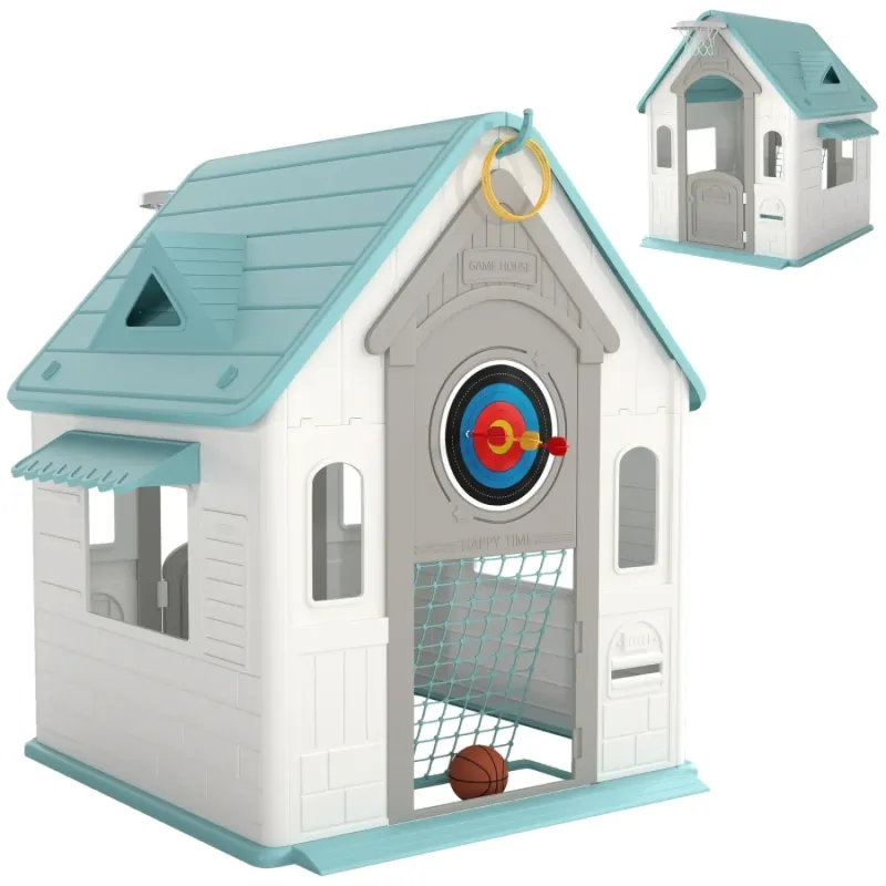 Kids 5-in-1 Multi-Activity Playhouse with Basketball, Football & Games - Beige