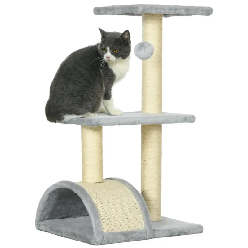 72cm 3-Tier Cat Tree with Sisal Scratching Post and Arched Pad - Light Grey