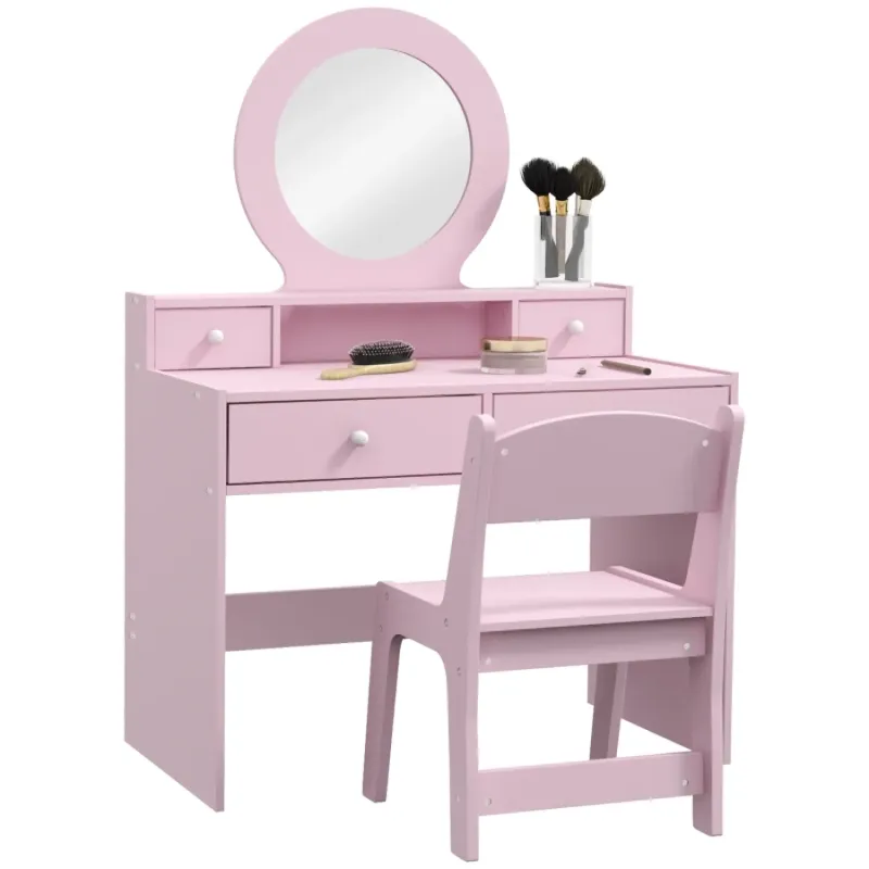 Kids' Dressing Table and Stool Set with Oval Mirror and 4 Drawers, Ages 3-8