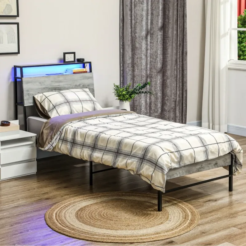 Single Steel Bed Frame with LED Storage Headboard and Charging Station - Grey