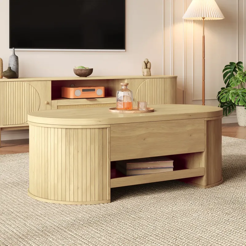 Rectangular Lift-Top Coffee Table, Wood Grain with Curved Slatted Sides and Extendable Shelf