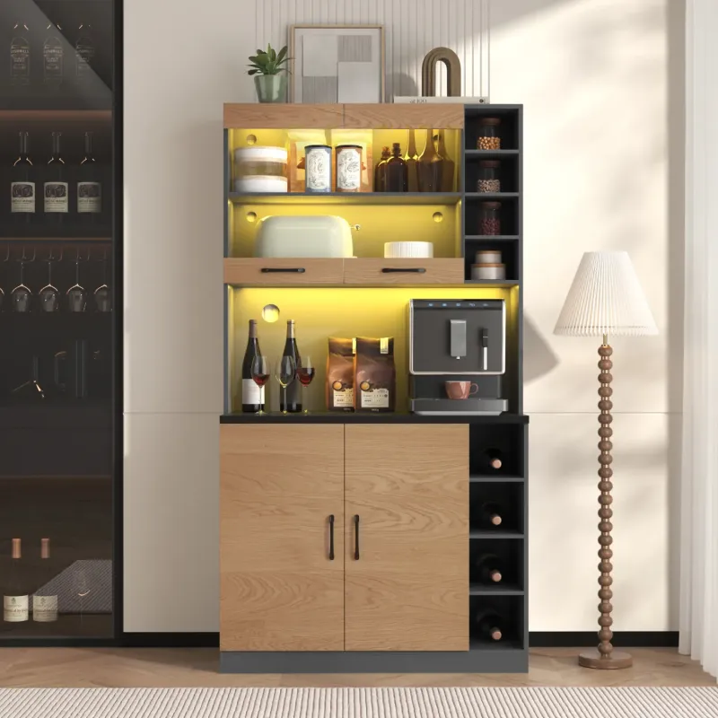 Kitchen Larder Cupboard with LED Lighting and Microwave Shelf - Dark Grey & High Gloss White