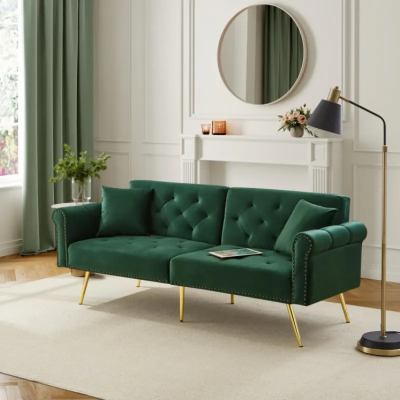 Green Velvet 2-Seater Sofa Bed with Gold Legs and Adjustable Backrest