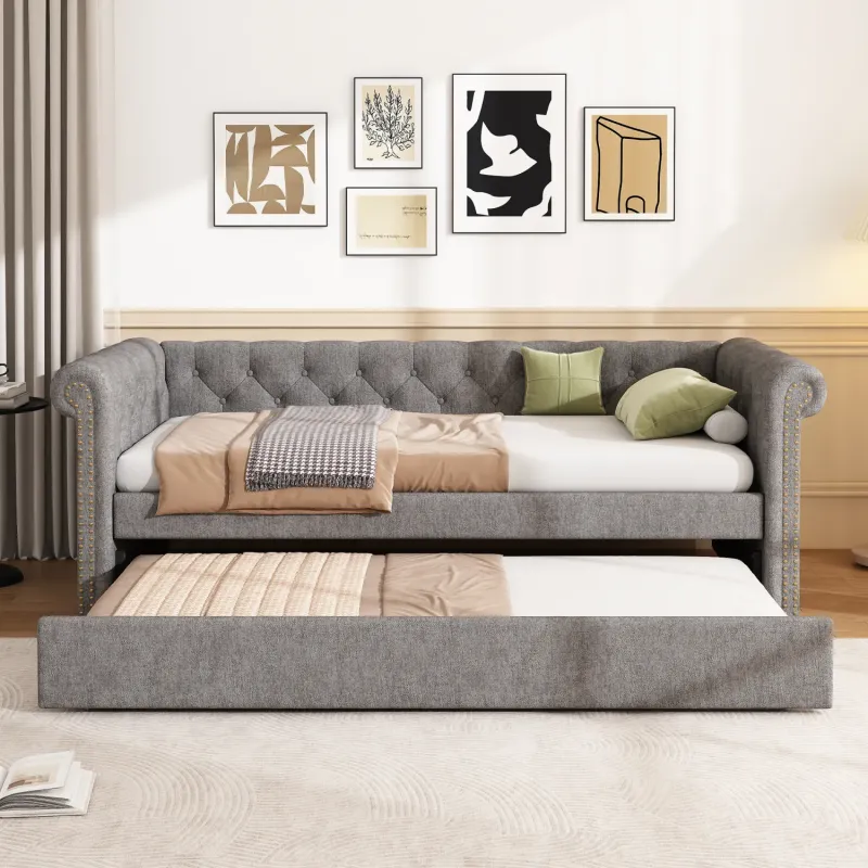 Velvet Daybed, Single, in Grey, with Upholstered Headboard