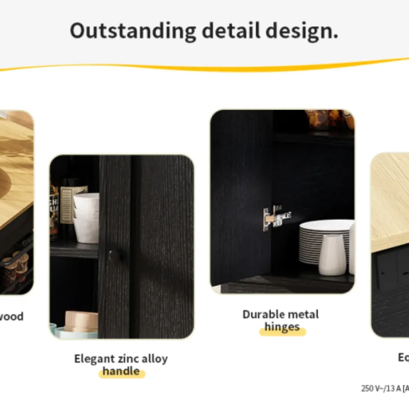 Large Kitchen Island Trolley with Drop-Leaf Breakfast Bar and Integrated Power Outlets - Black Wood Grain