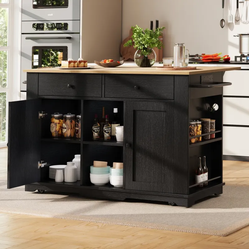Large Kitchen Island Trolley with Drop-Leaf Breakfast Bar and Integrated Power Outlets - Black Wood Grain