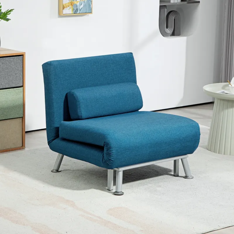  3-in-1 Single Sleeper Chair Bed, Blue Linen-Look Reclining Armchair