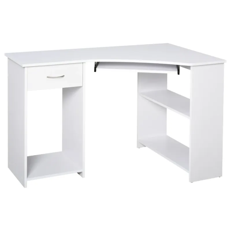 L-Shaped Corner Desk with Keyboard Tray and Storage, White