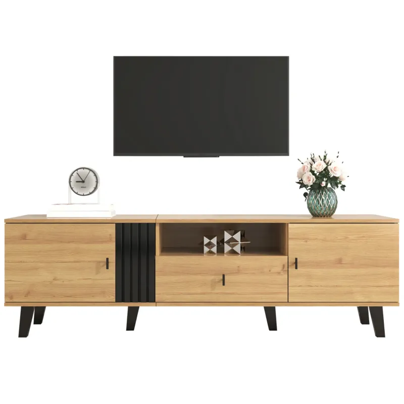 170cm Wood and Black TV Stand with Slatted Storage
