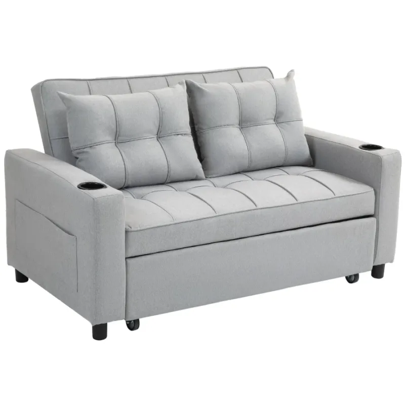 2-Seater Pull-Out Sofa Bed with Cup Holders and Storage - Light Grey